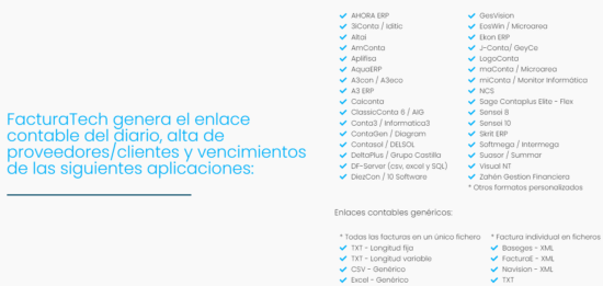 Facturatech genera el enlace contable a más de 60 programas de contabilidad.